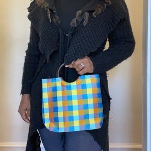 Plaid Hand Bag with Wooden Handle